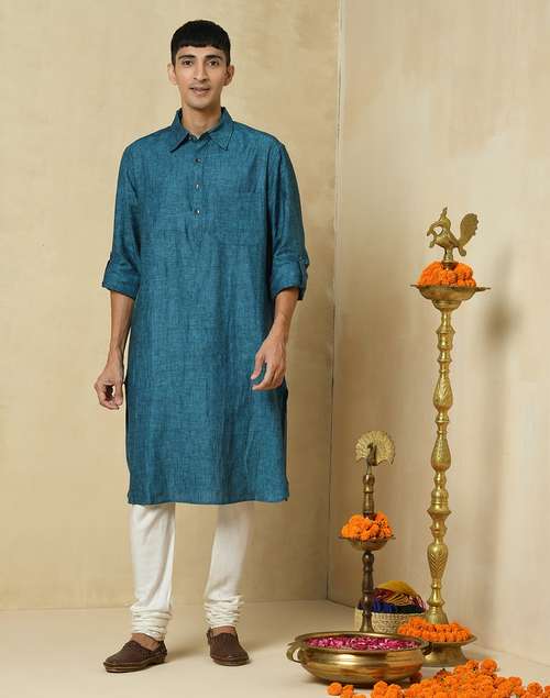 Blue Linen Yoke Detail Pathani Kurta With Cuff Blue Linen Yoke Detail Pathani Kurta With Cuff