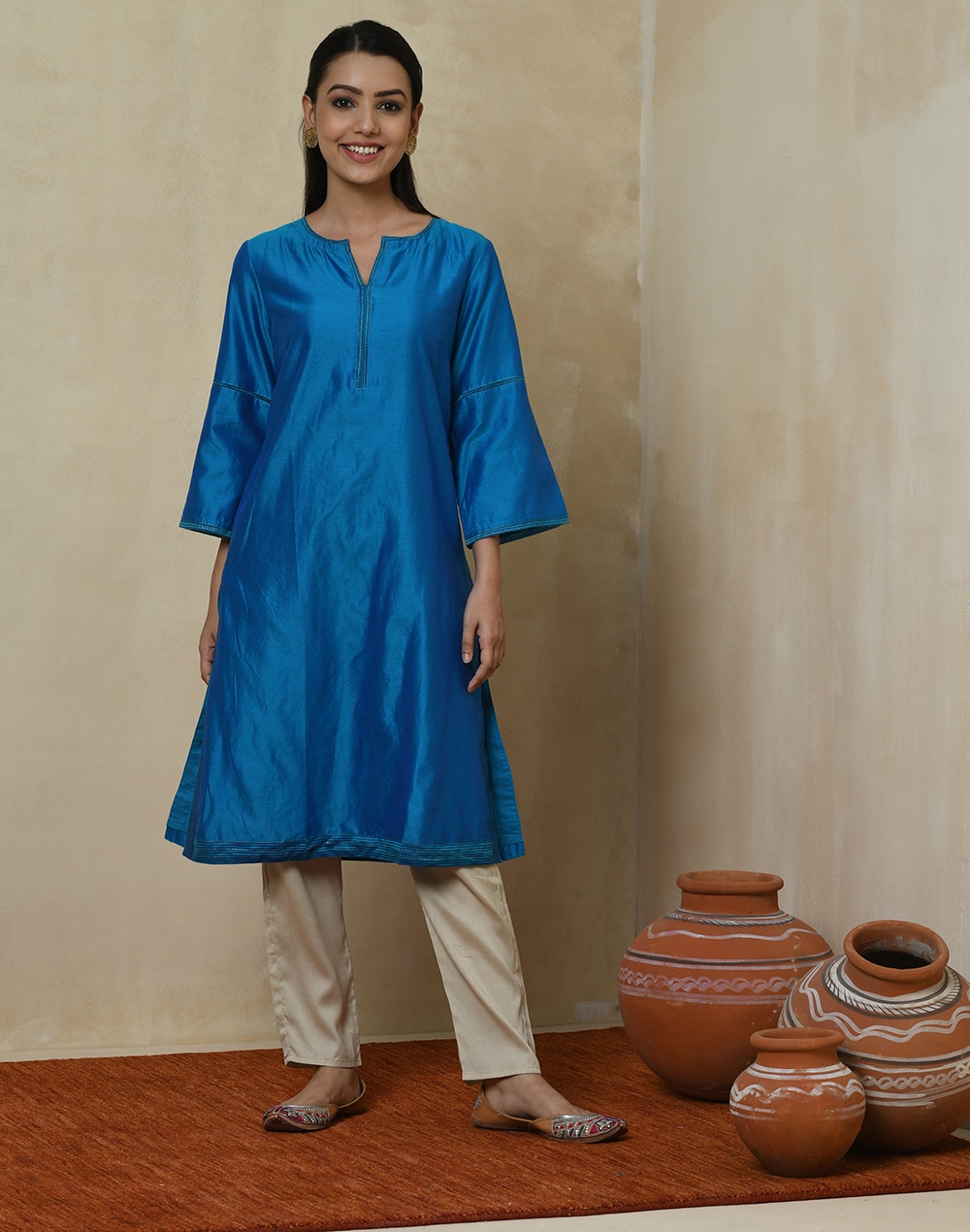 Buy Cotton Silk Knee Length Kurta for Women Online at Fabindia | 10703153