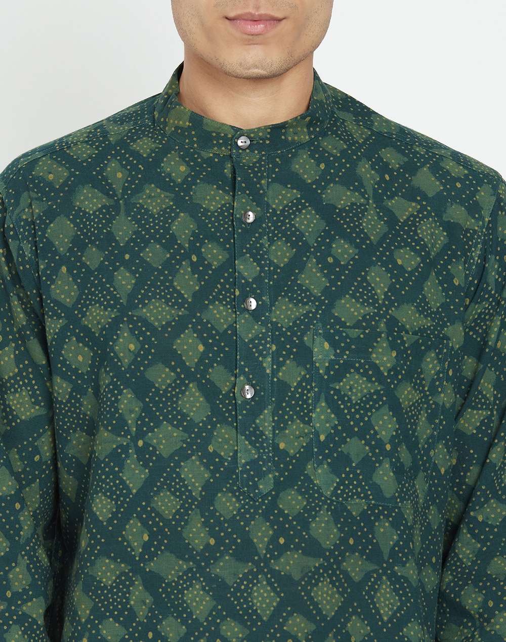 Green Cotton Dabu Printed Long Kurta