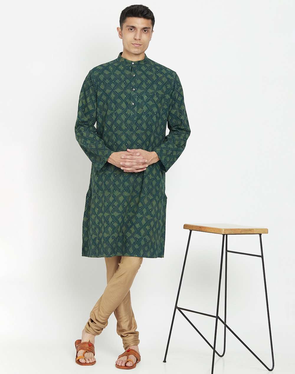 Green Cotton Dabu Printed Long Kurta