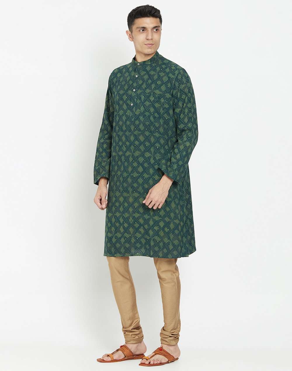 Green Cotton Dabu Printed Long Kurta