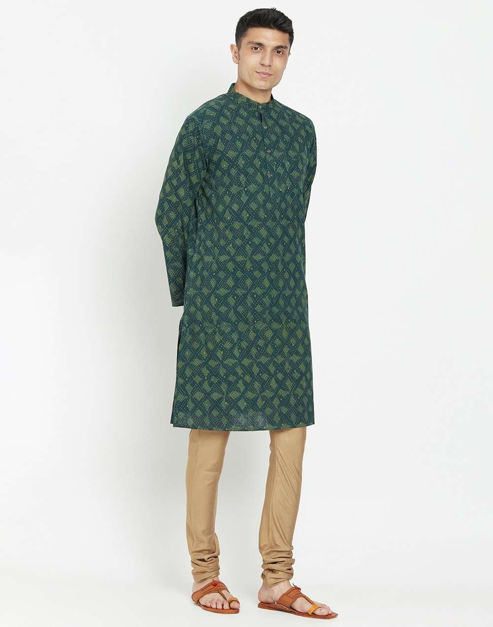 Green Cotton Dabu Printed Long Kurta