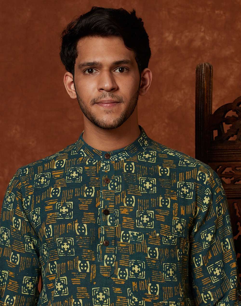 Green Cotton Printed Slim Fit Short Kurta