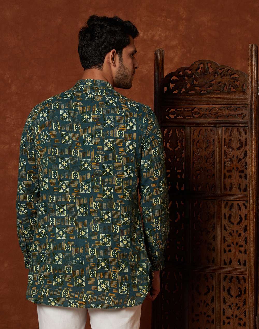 Green Cotton Printed Slim Fit Short Kurta