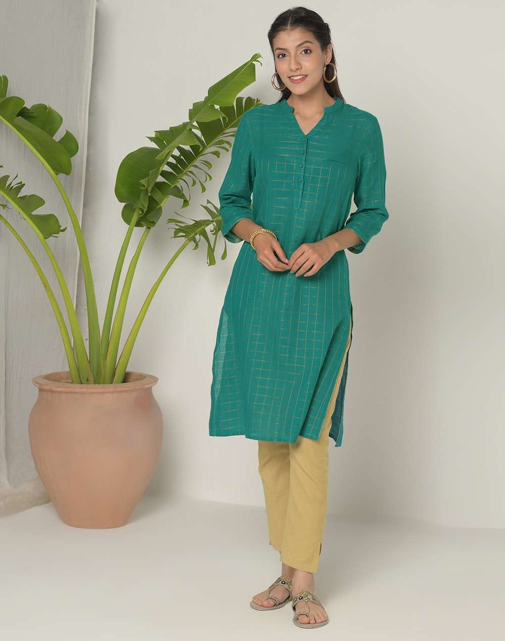 Cotton Nagari Lattice Knee Length Kurta