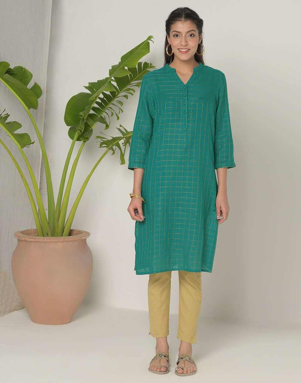 Cotton Nagari Lattice Knee Length Kurta