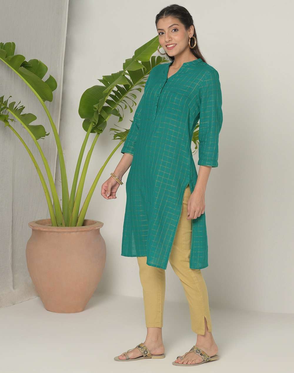 Cotton Nagari Lattice Knee Length Kurta