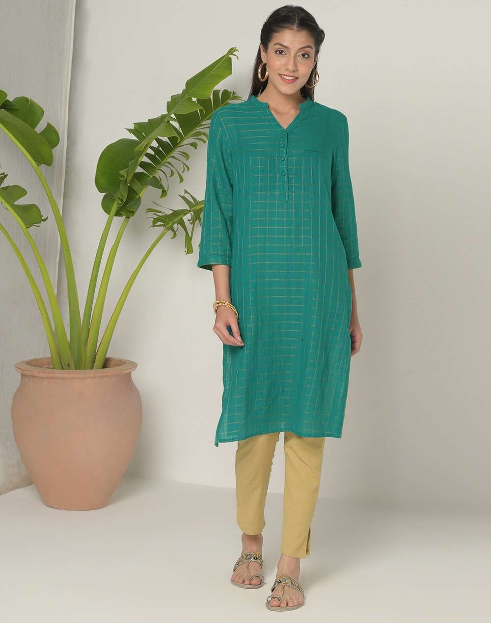 Cotton Nagari Lattice Knee Length Kurta