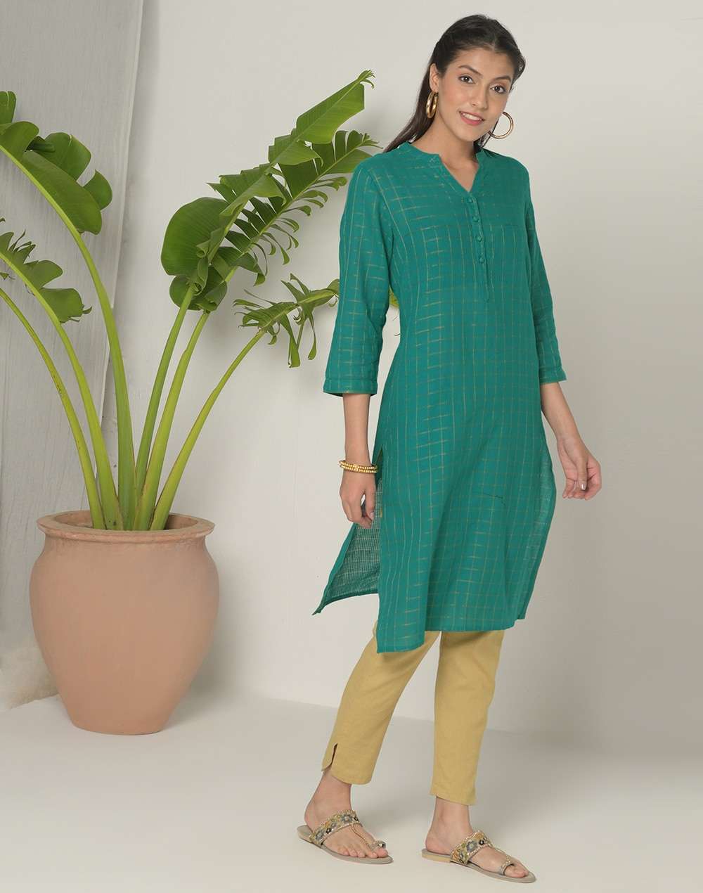 Cotton Nagari Lattice Knee Length Kurta