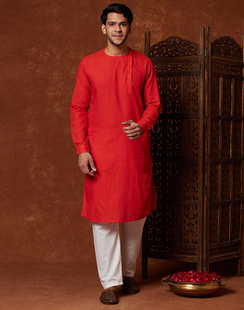 Orange Cotton Geometric Side Placket Slim Fit Long Kurta