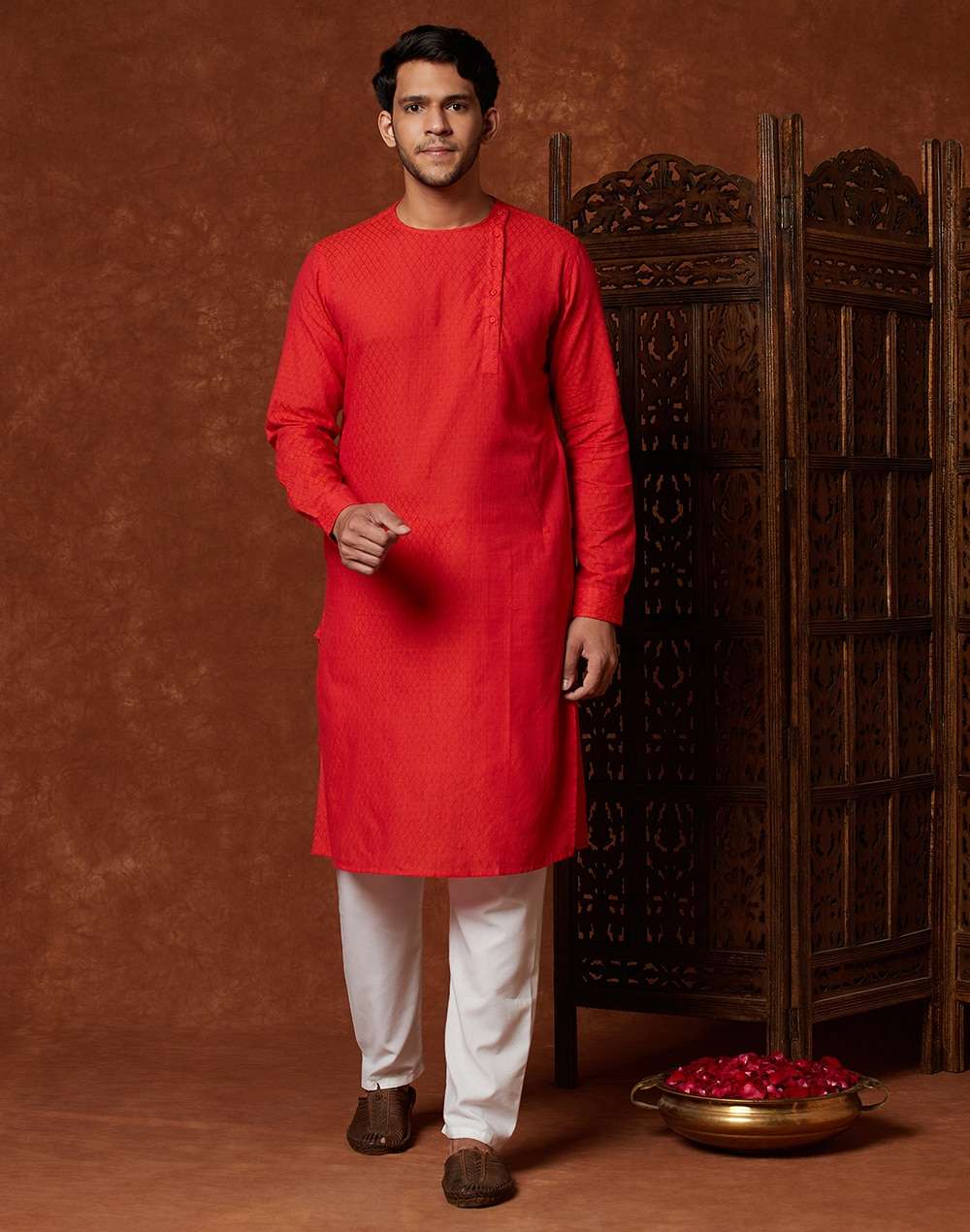 Orange Cotton Geometric Side Placket Slim Fit Long Kurta