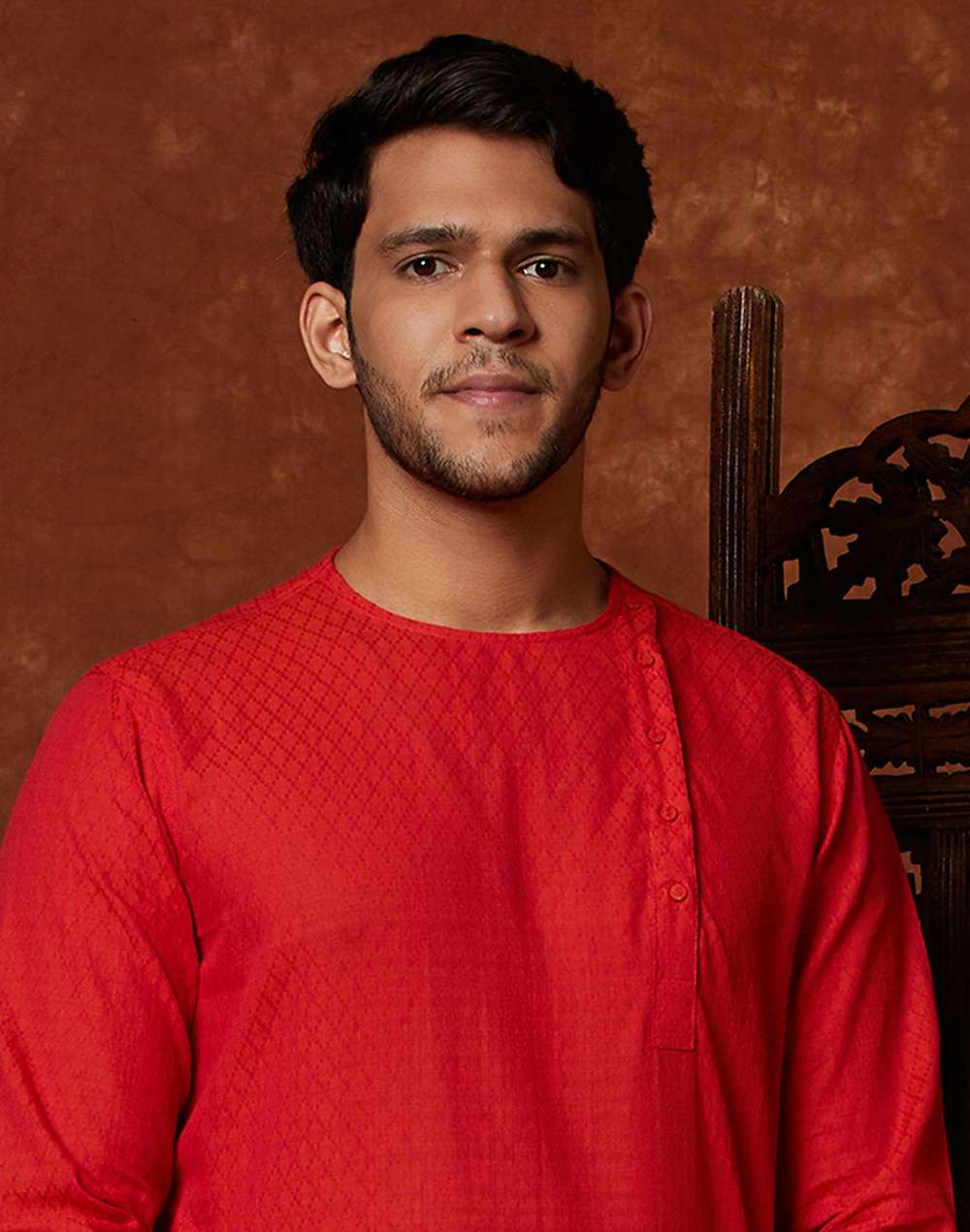 Orange Cotton Geometric Side Placket Slim Fit Long Kurta