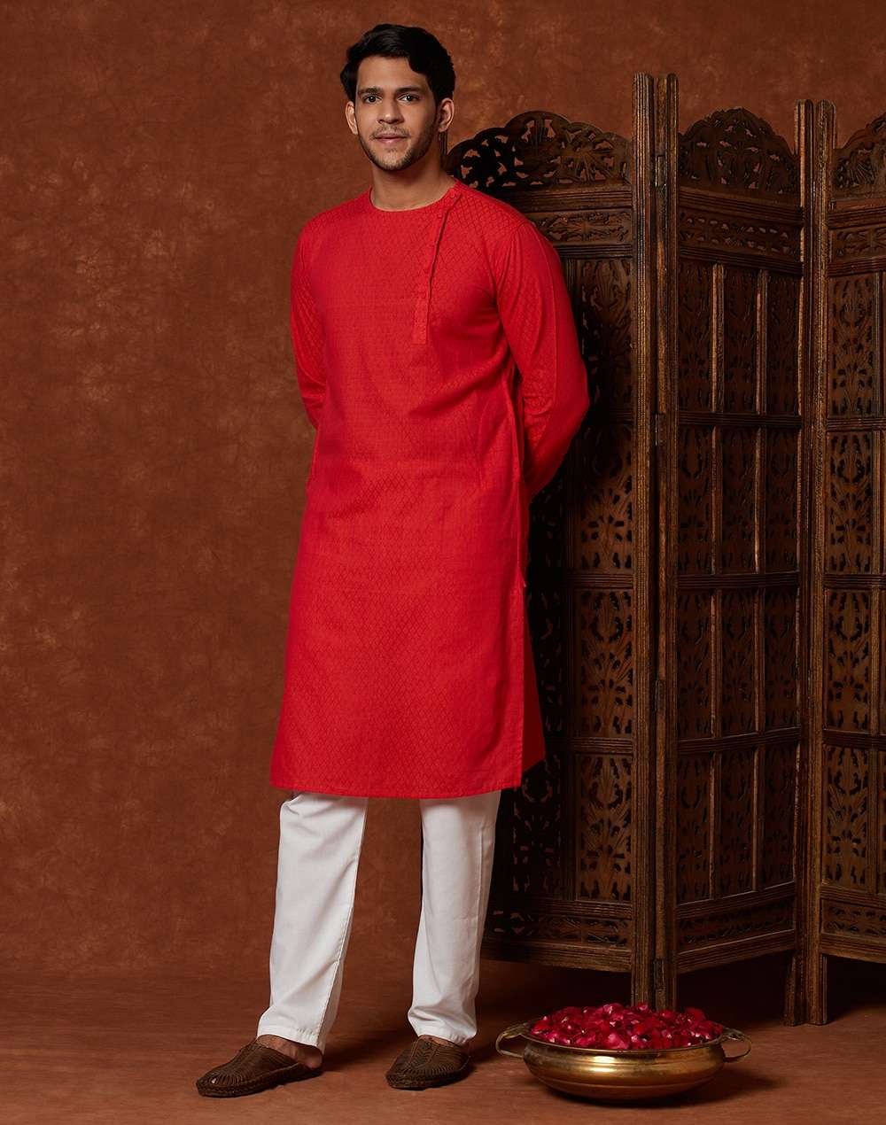 Orange Cotton Geometric Side Placket Slim Fit Long Kurta