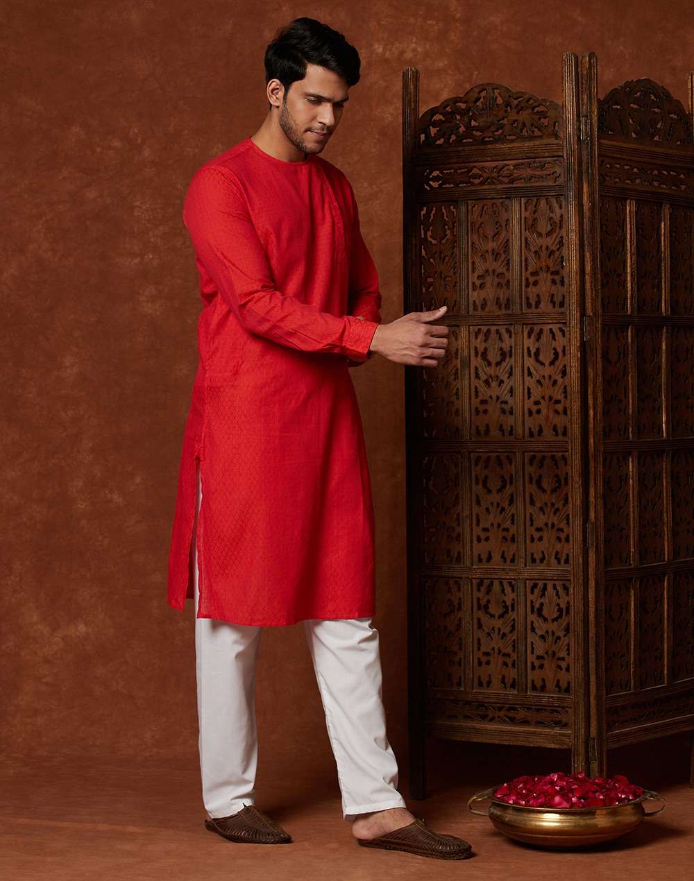 Orange Cotton Geometric Side Placket Slim Fit Long Kurta