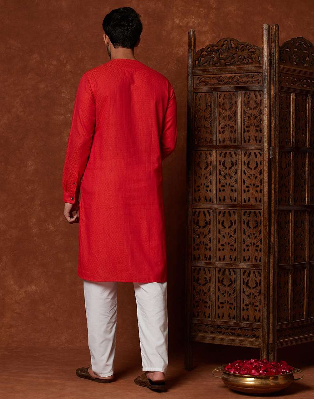 Orange Cotton Geometric Side Placket Slim Fit Long Kurta