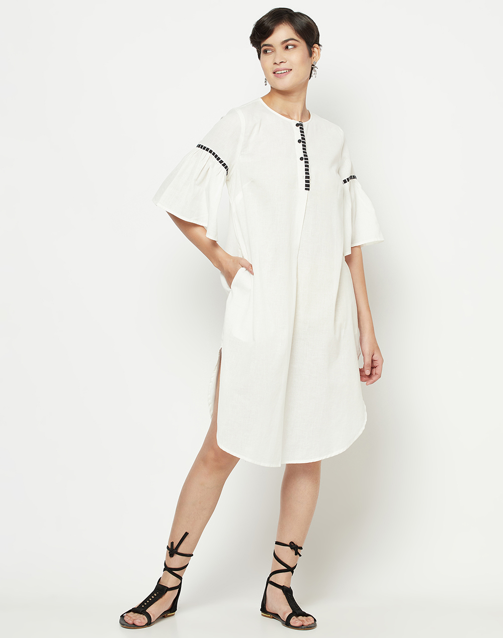 FabNu White Cotton Linen Knee Length Midi Dress