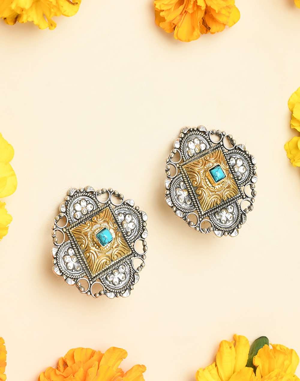 Silver Two Tone Stud Earrings