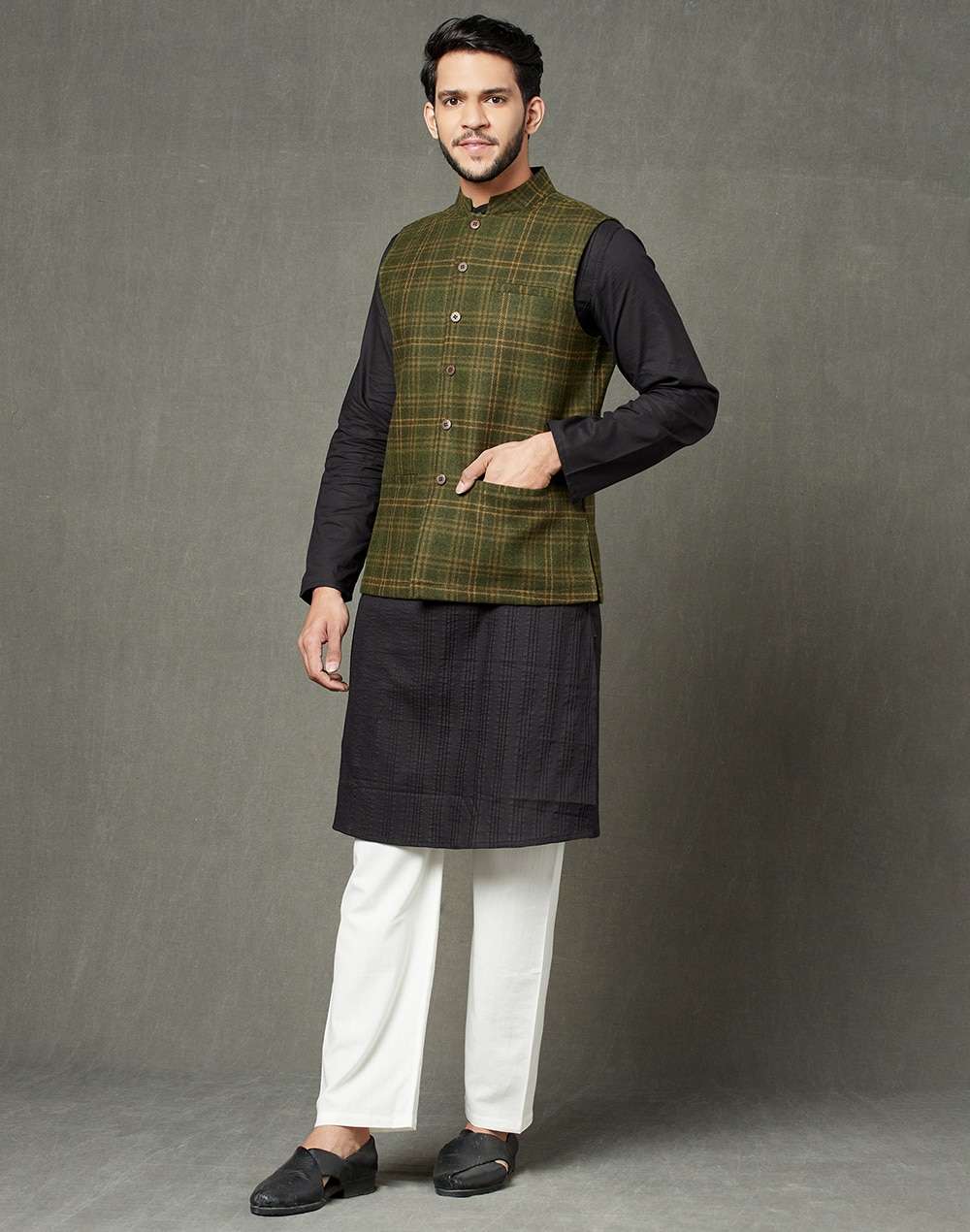 Wool Front Stitch Detail Nehru Jacket