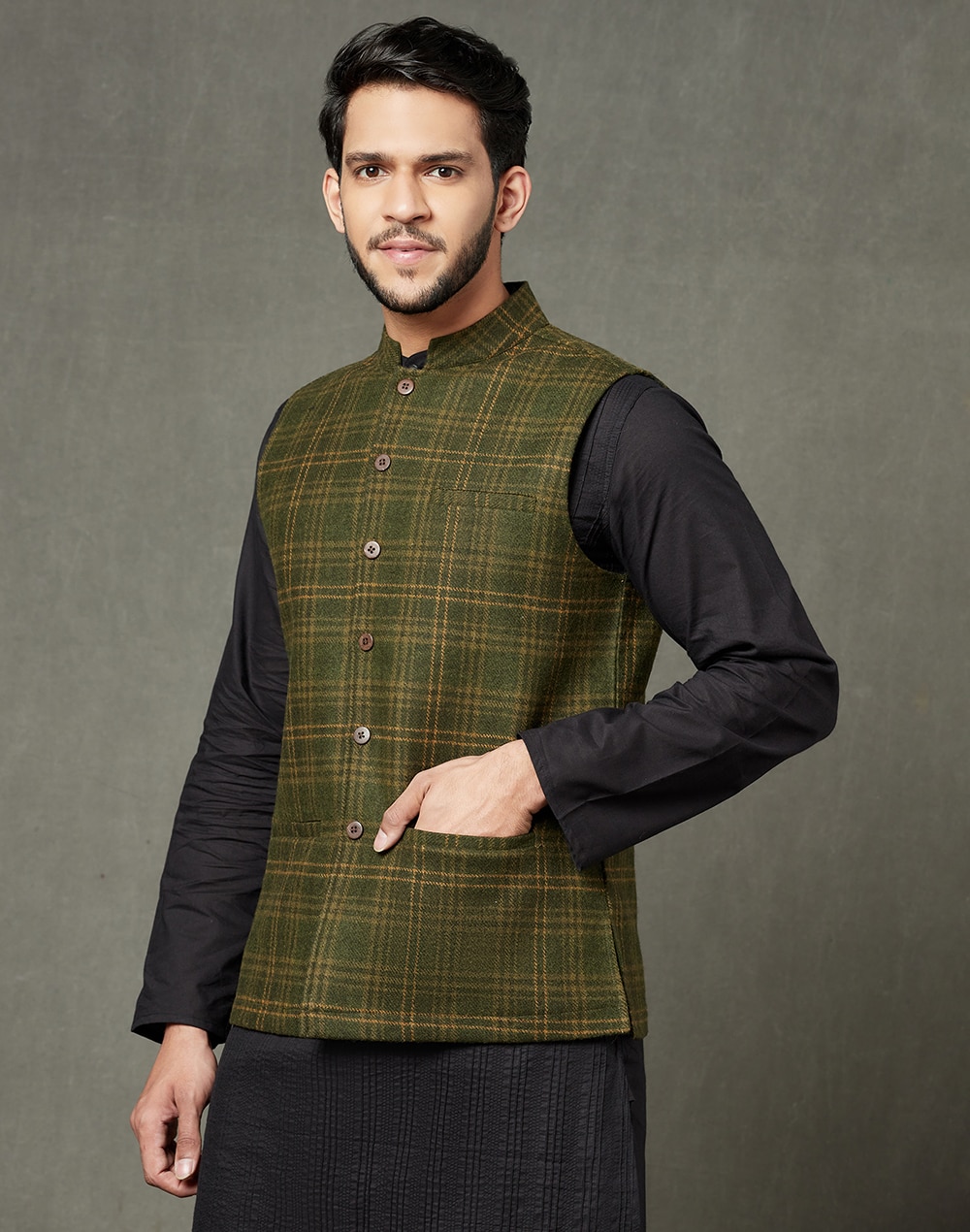 Wool Front Stitch Detail Nehru Jacket