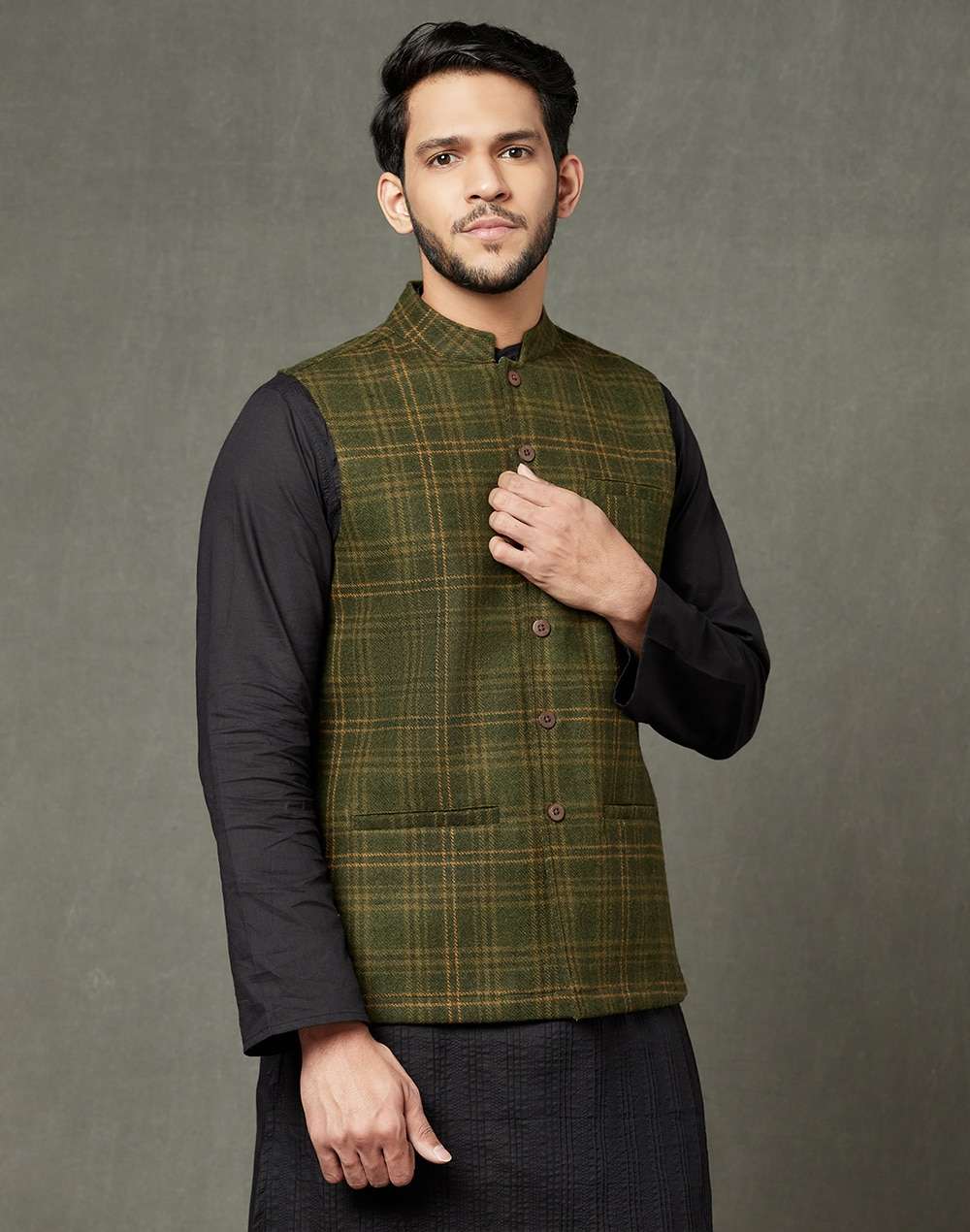 Wool Front Stitch Detail Nehru Jacket