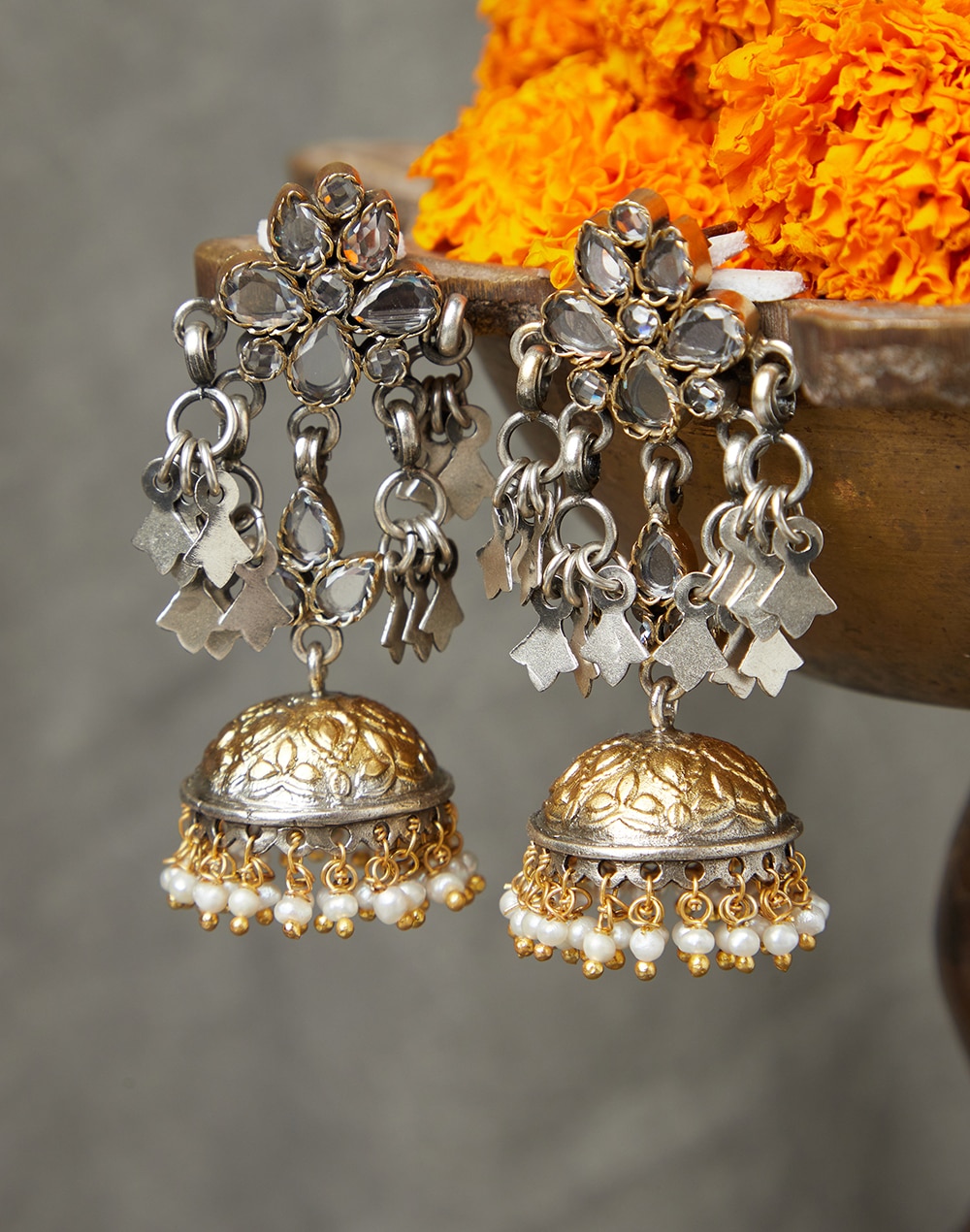 Silver Two Tone Jhumka Earrings