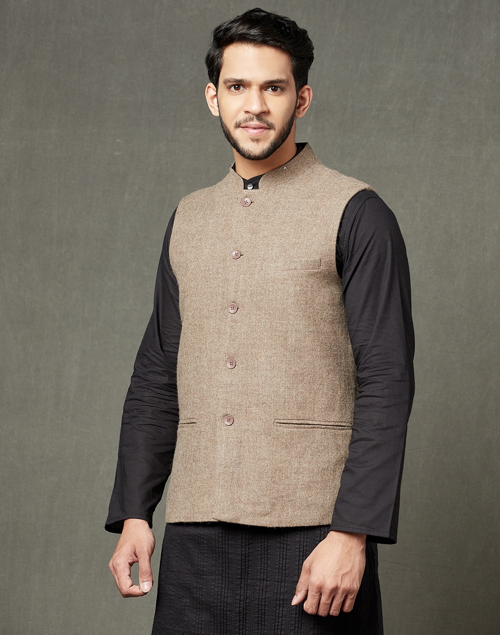 Brown Wool Slim Fit Gilet