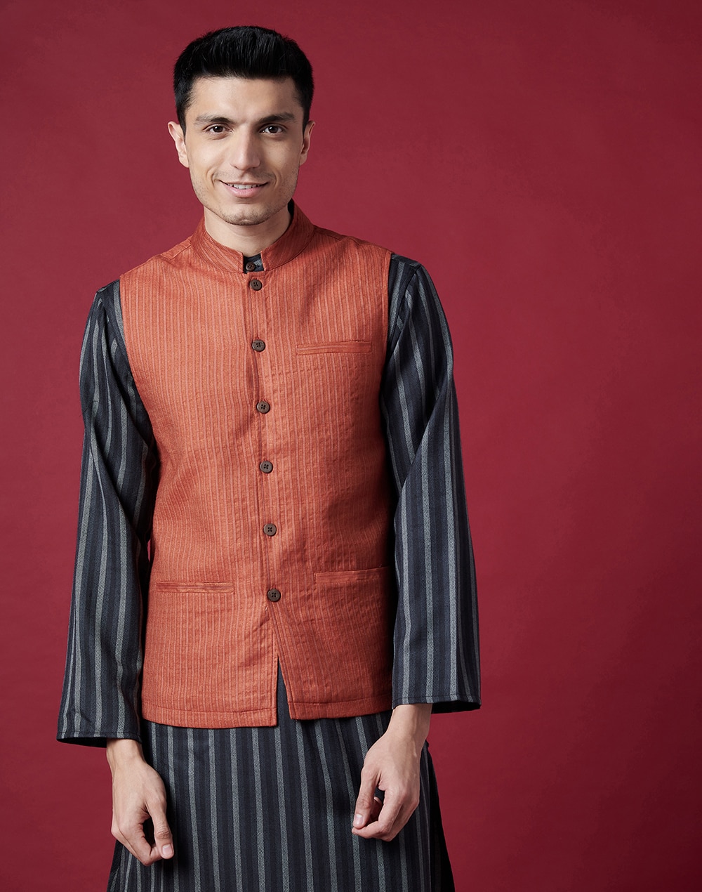 Rust Viscose Blend Striped Nehru Jacket