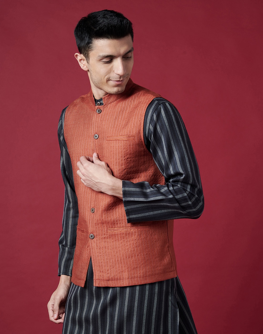Rust Viscose Blend Striped Nehru Jacket
