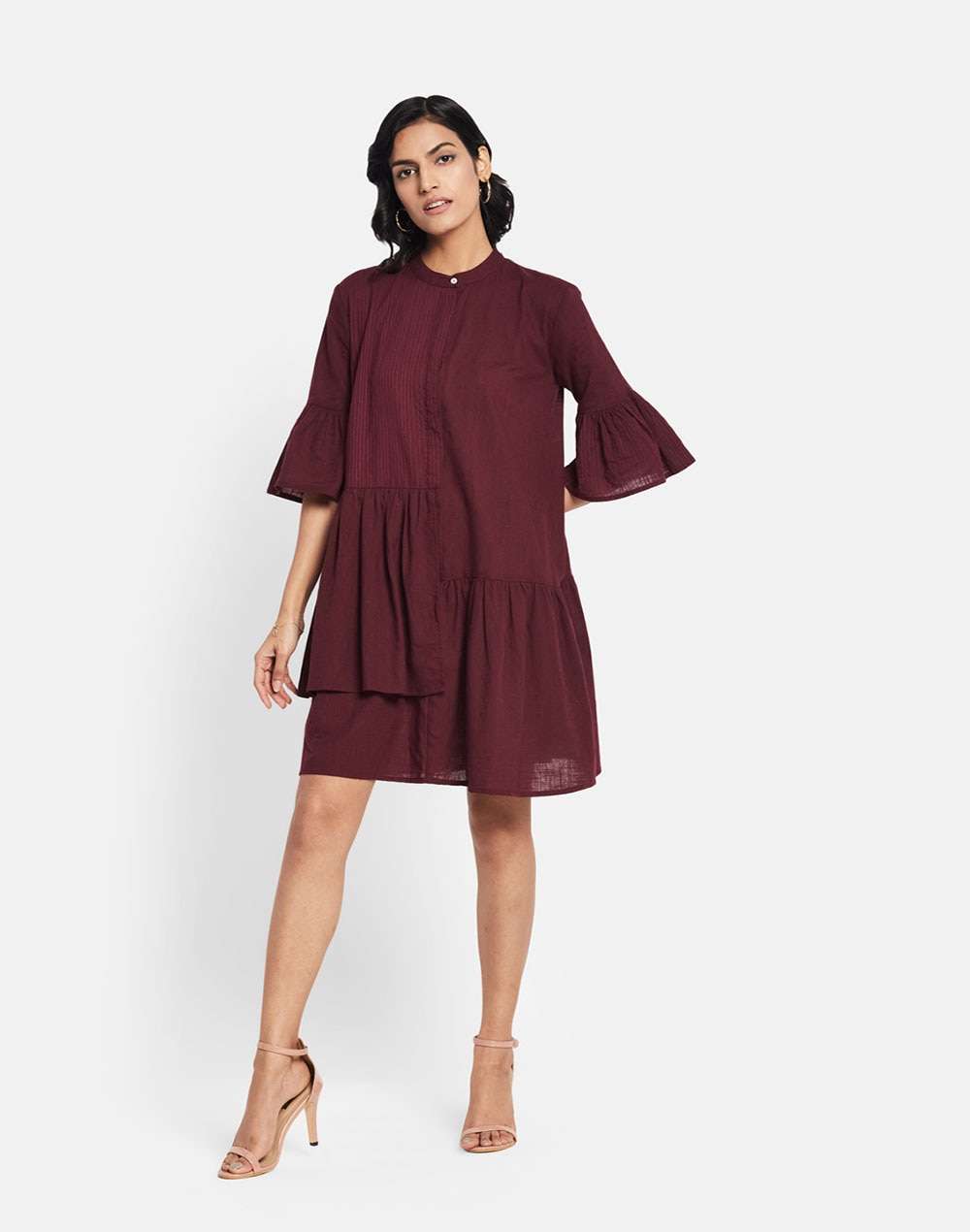 Cotton Slub Bell Sleeves Dress
