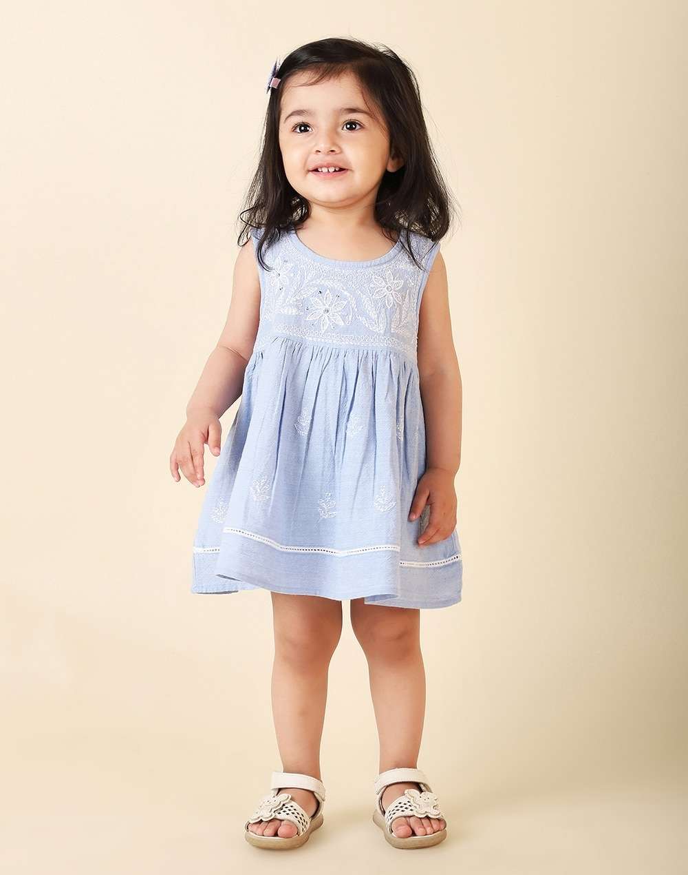 Round Neck Cotton Chambray Chikankari Embroidered Frock