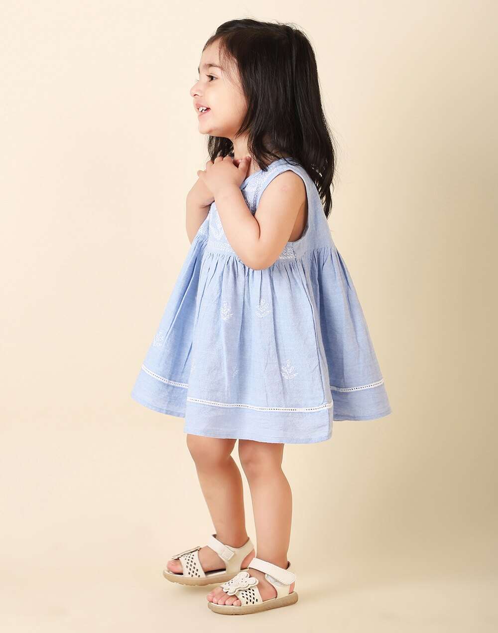 Round Neck Cotton Chambray Chikankari Embroidered Frock