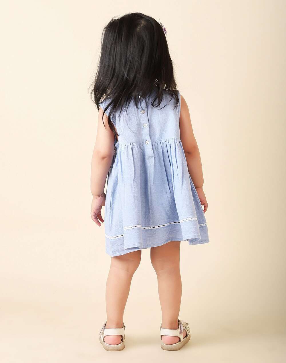 Round Neck Cotton Chambray Chikankari Embroidered Frock