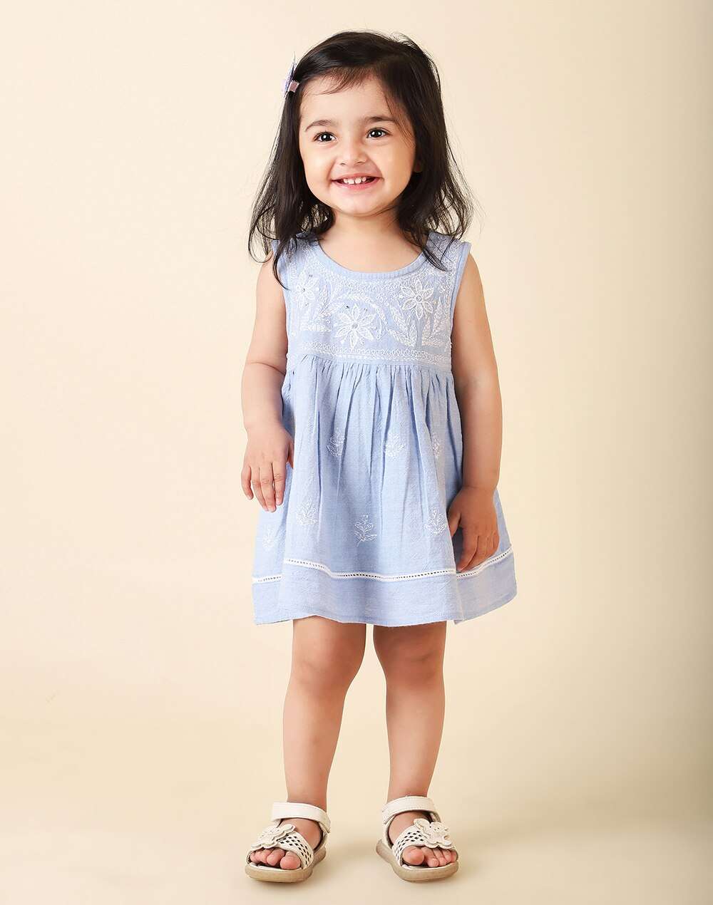 Round Neck Cotton Chambray Chikankari Embroidered Frock