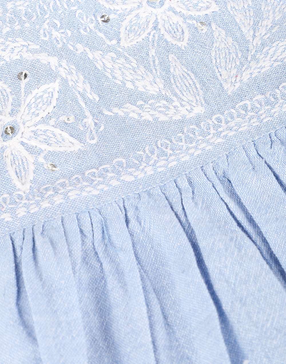 Round Neck Cotton Chambray Chikankari Embroidered Frock