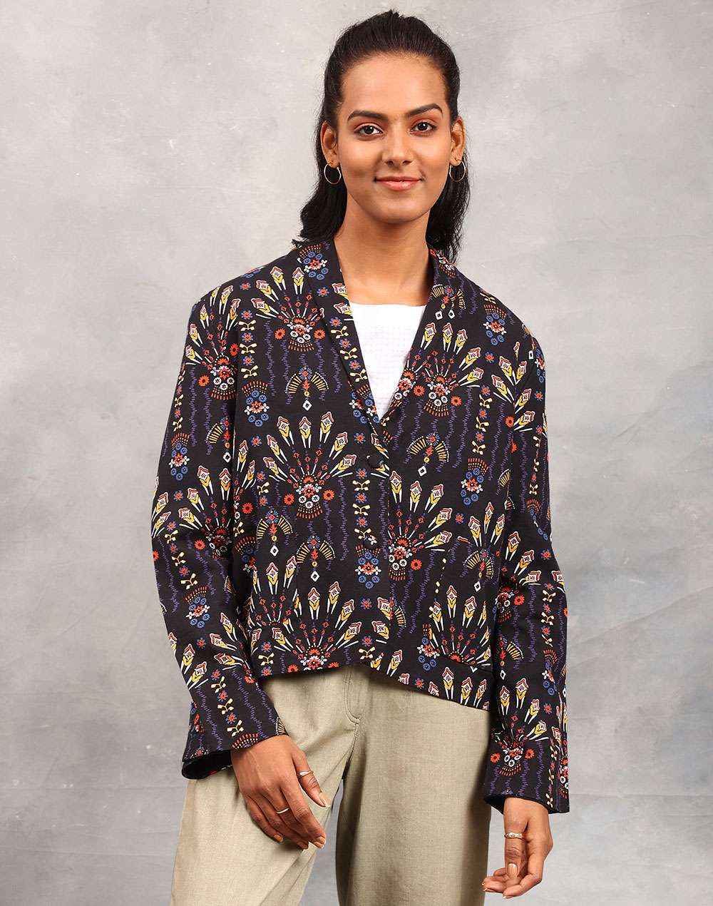 Black Cotton Linen Geometric Jacket