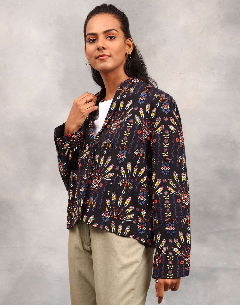 Black Cotton Linen Geometric Jacket