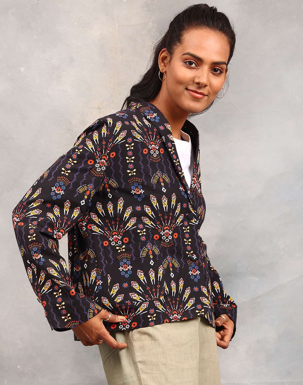 Black Cotton Linen Geometric Jacket