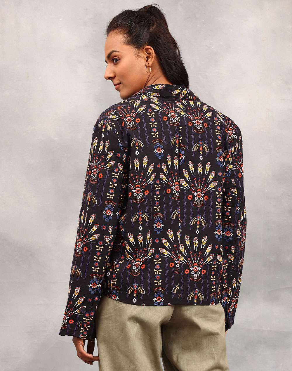Black Cotton Linen Geometric Jacket