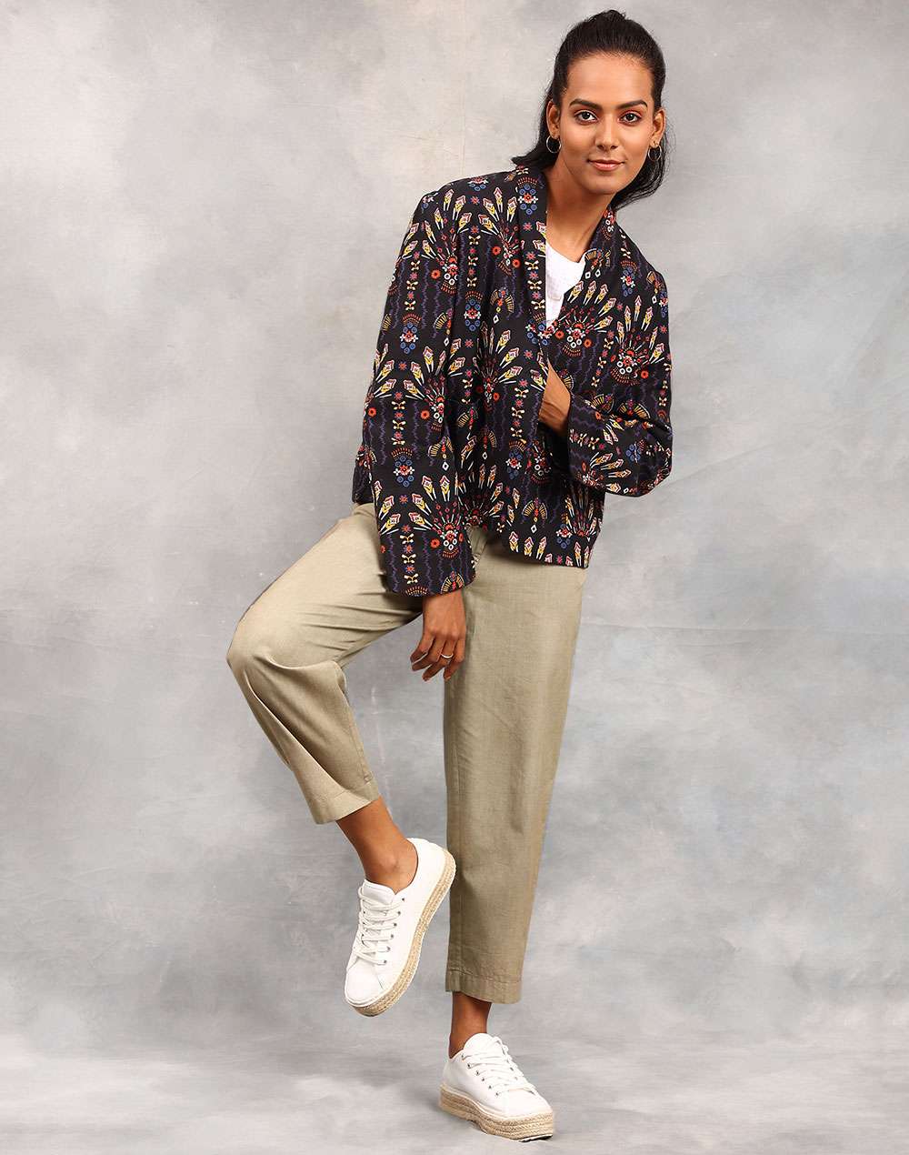 Black Cotton Linen Geometric Jacket