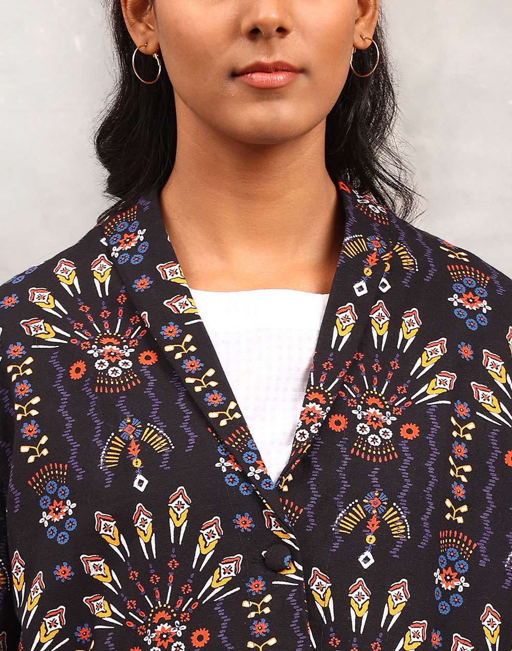 Black Cotton Linen Geometric Jacket