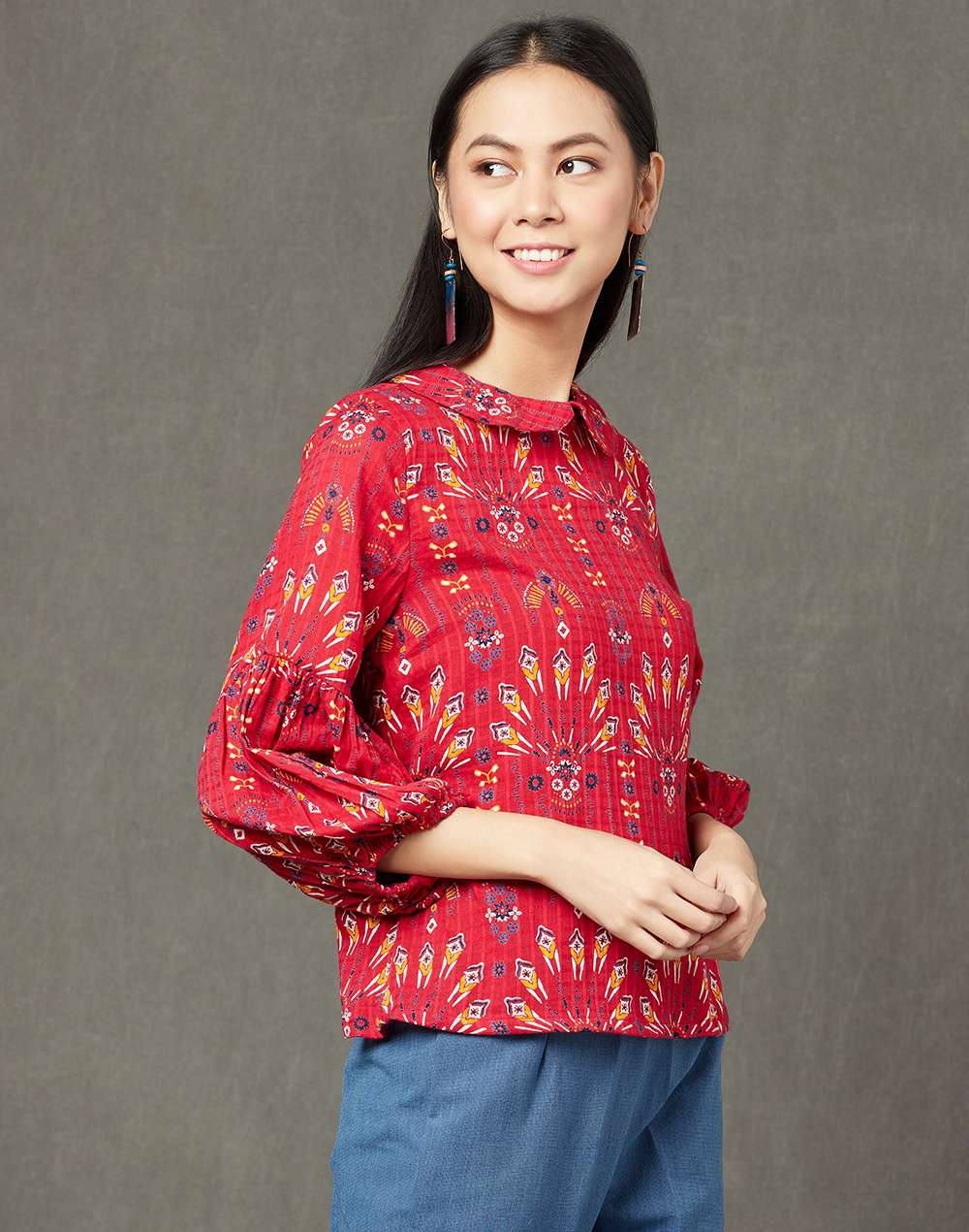 FabNu Red Cotton Geometric Top