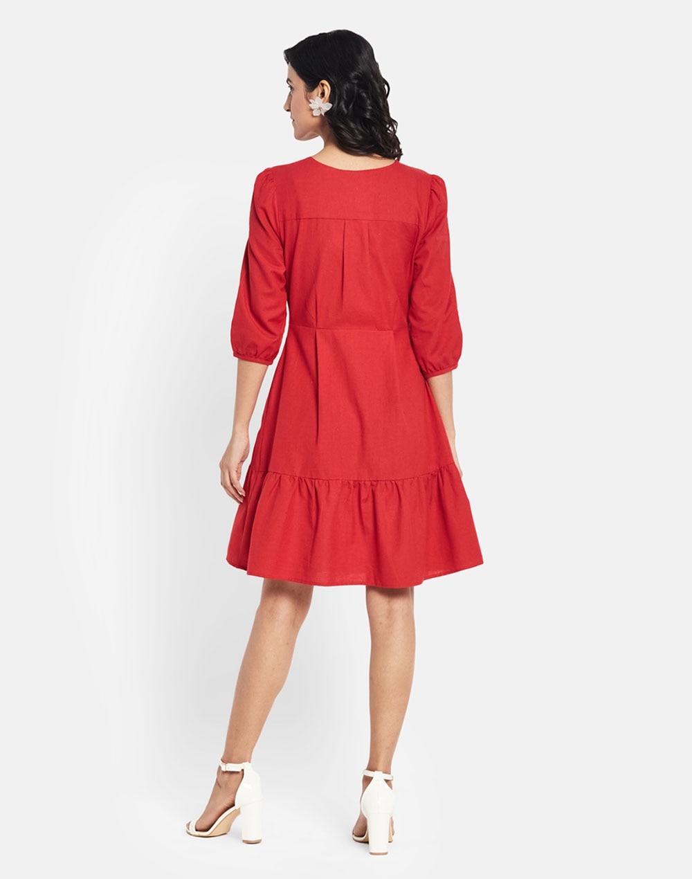 FabNu Red Cotton Linen Knee Length Midi Dress