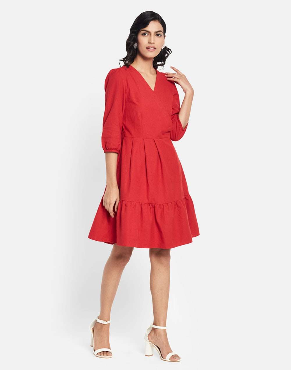 FabNu Red Cotton Linen Knee Length Midi Dress