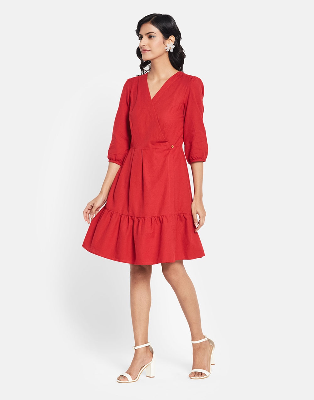 FabNu Red Cotton Linen Knee Length Midi Dress