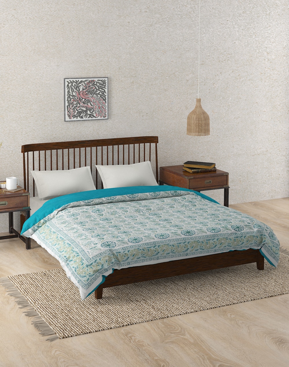 Teal Marika Jaal Cotton Hand Block Printed Duvet Cover Double