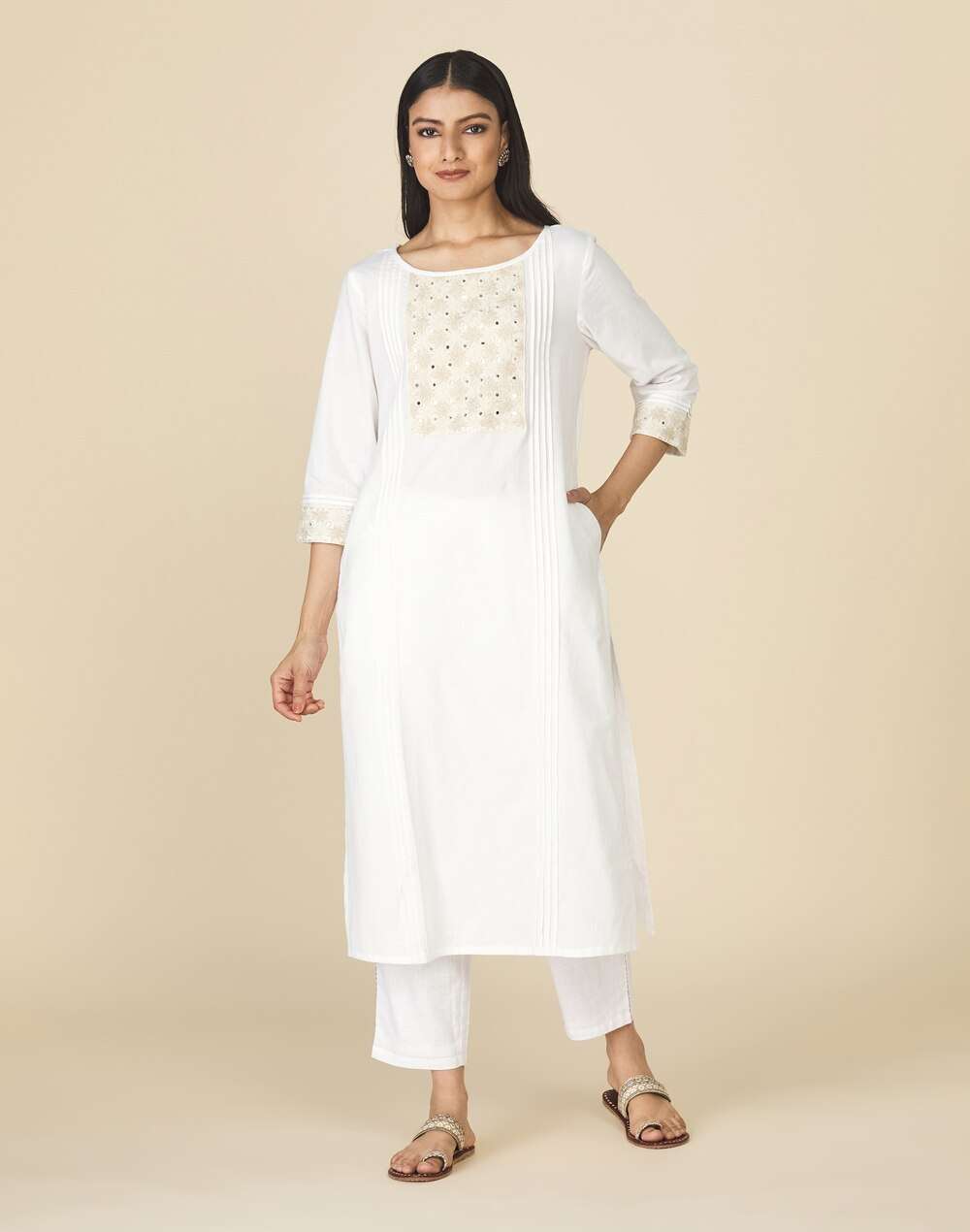 Boat Neck Cotton Embroidered Long Kurta
