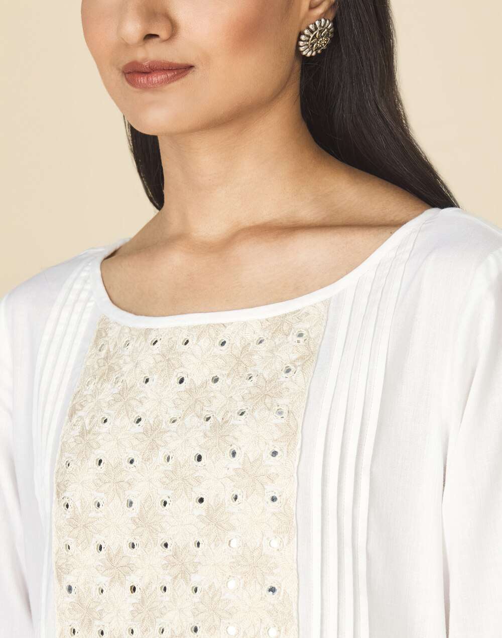 Boat Neck Cotton Embroidered Long Kurta