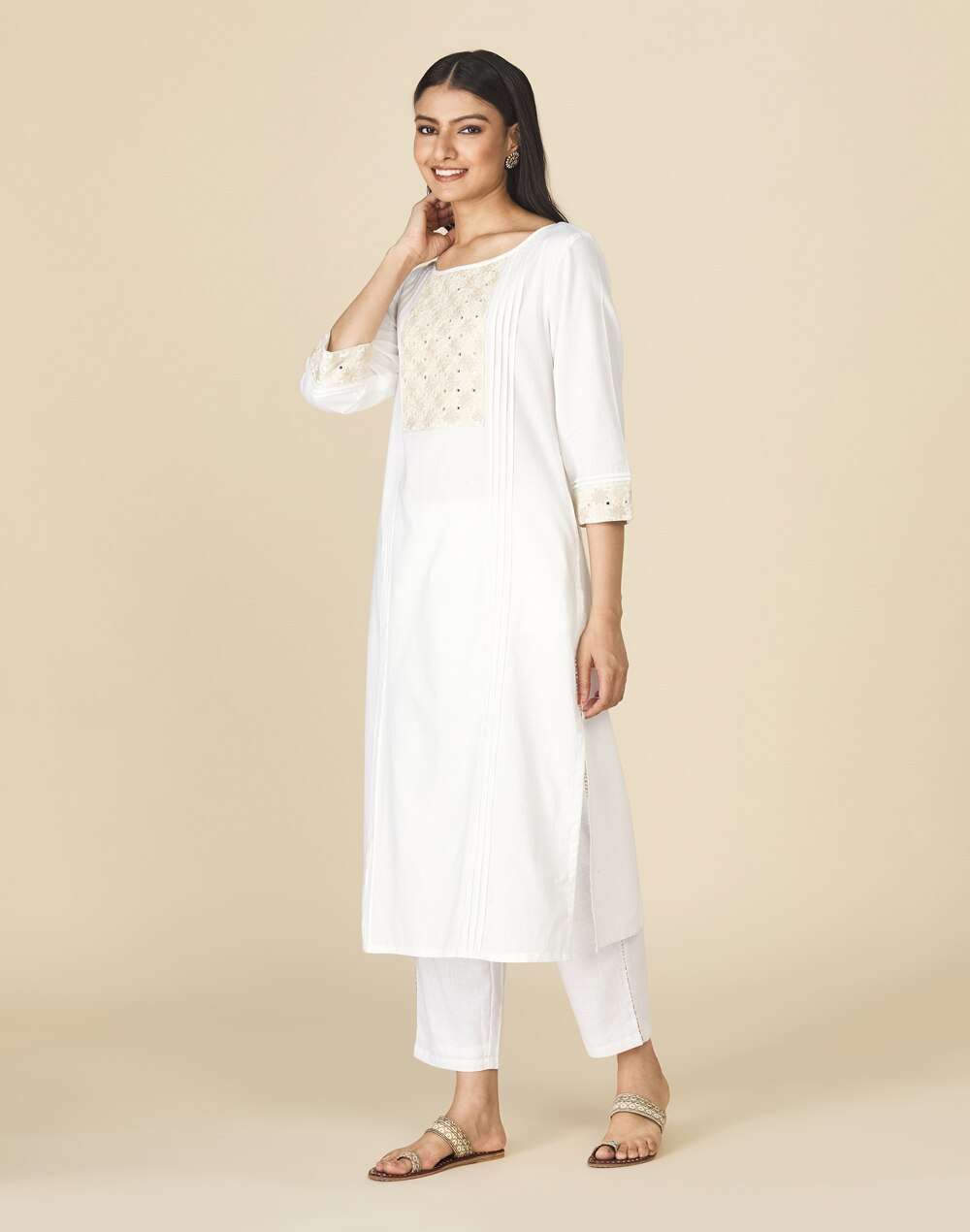 Boat Neck Cotton Embroidered Long Kurta