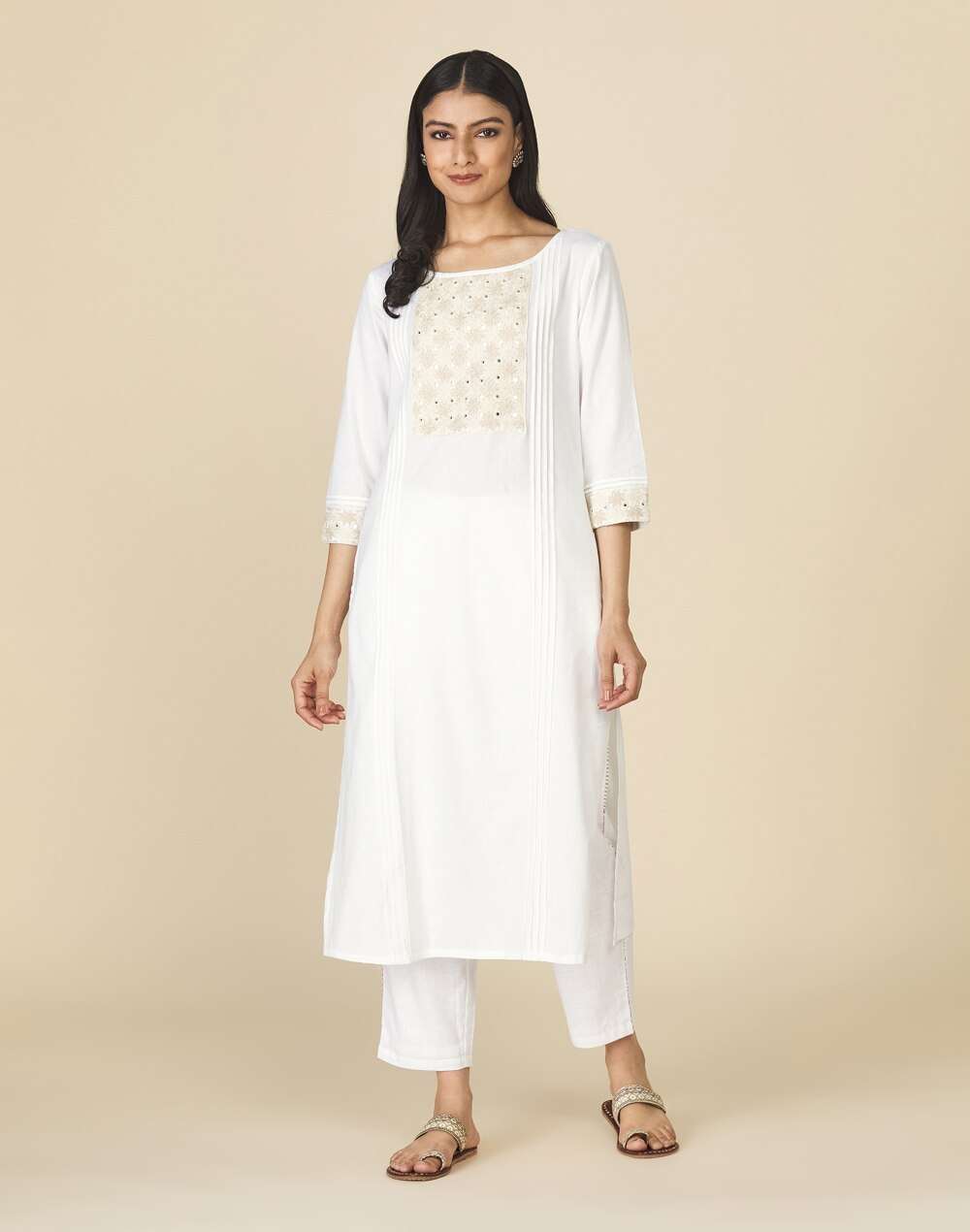 Boat Neck Cotton Embroidered Long Kurta