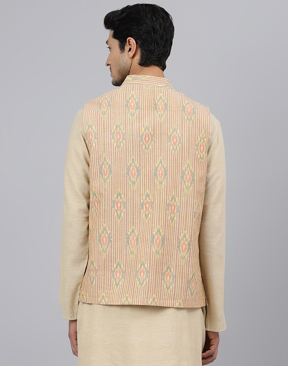 Chinese Collar Cotton Ikat Print Nehru Jacket